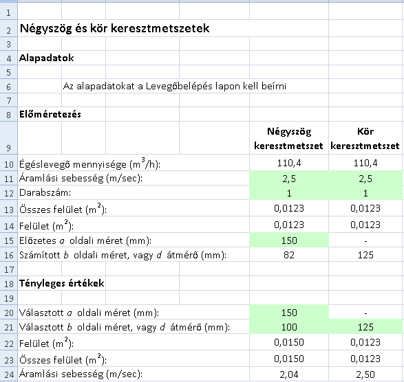 4 Az alapadatokat nem kell beírni, a program az előző lapon beírtakkal számol. Az előméretezéshez alkalmazzunk 1 vezetéket, amiben a sebesség legyen 2,5 m/sec. A 13.