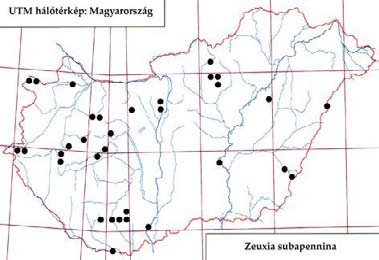 306 Tóth S.: Magyarország fürkészlégy faunája (Diptera: Tachinidae) 656. ábra: A Zeuxia cinerea lelőhelyei 657. ábra: A Zeuxia cinerea fenológiája Életmódja: Silvikol.