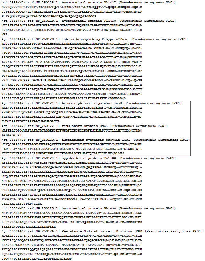 II. Melléklet A Pseudomonas aeruginosa nevű baktérium NC_002516 nevű faa fájl részlete.