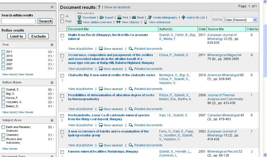 A keresés lefuttatása után a találati listából kiválasztható a keresett tétel, amelynek részletes adatainál a Cited by [Number ] link jelöli a rá történt hivatkozásokat, erre kattintva tekinthető meg