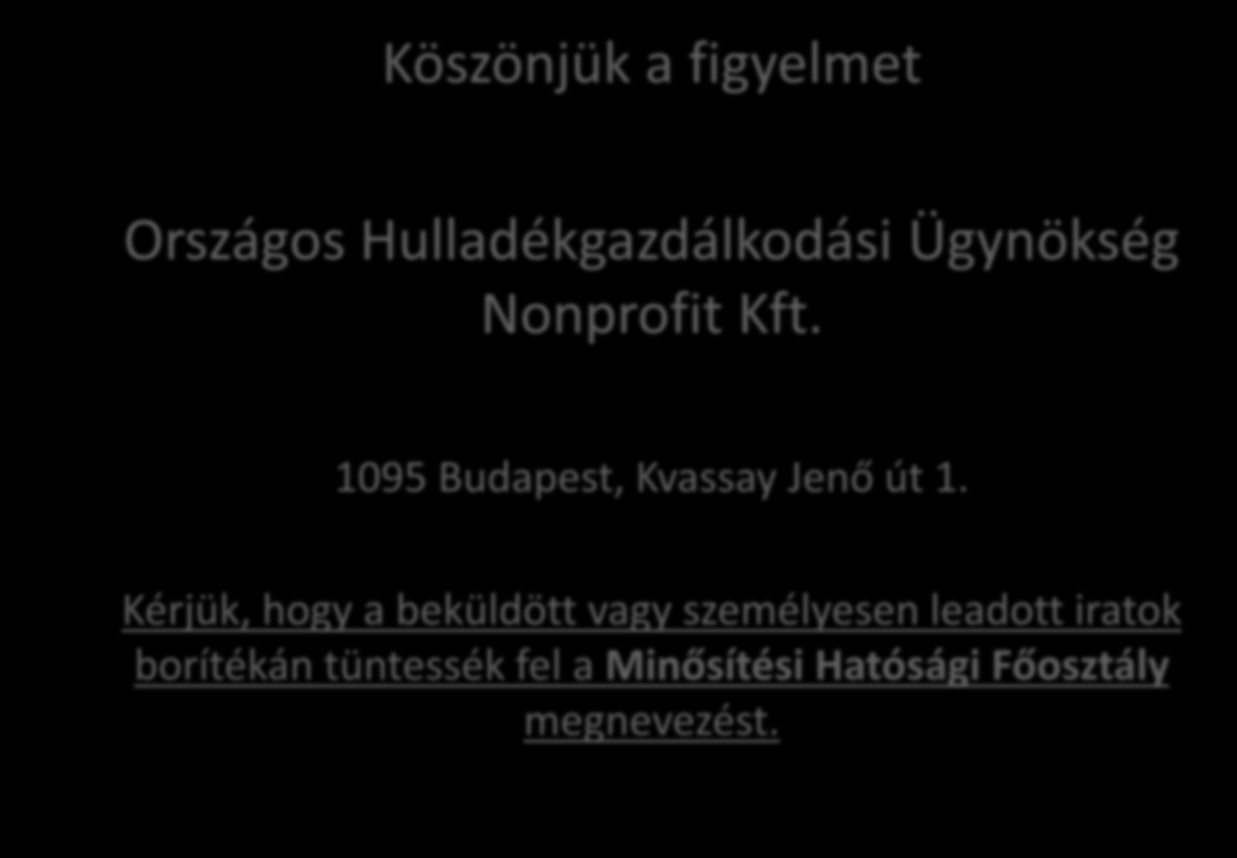 Köszönjük a figyelmet Országos Hulladékgazdálkodási Ügynökség Nonprofit Kft. 1095 Budapest, Kvassay Jenő út 1.