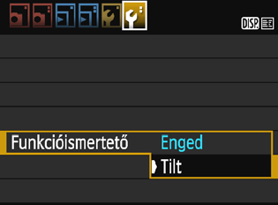 Funkcióismertető A Funkcióismertető a felvételi mód váltásakor vagy felvételkészítési funkció, Élő nézet felvétel, videofelvétel vagy a gyorsvezérlés megjelenítés közben funkció beállításakor jelenik