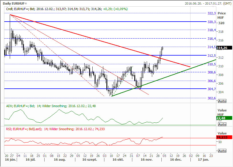 ELDŐLHET, FOLYTATJA-E QE-PROGRAMJÁT AZ EKB 2016. DECEMBER 2. EURHUF napi: Az utóbbi pár nap mozgása érdemi változást hozott, mert az ideális csökkenő trendet is megtörve fölment az árfolyam 314,5-ig.
