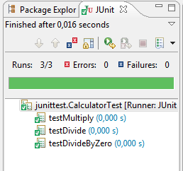 Ha elkészült a tesztosztályunk, akkor az Eclipse Package Explorer ablakában jobb egérgombbal rákattintunk (vagy a projekt nevére), és kiválasztjuk a Run As/JUnit Test