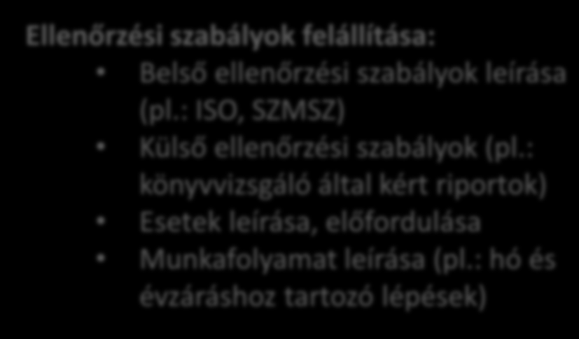 Megfelelőségi és belső ellenőrzések Ellenőrzések felállítása (pl.: könyvvizsgálat, hó és évzárás, stb.) Ellenőrzési szabályok felállítása: Belső ellenőrzési szabályok leírása (pl.