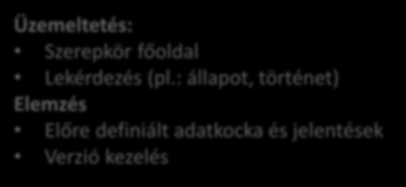 Szerepkör főoldal Lekérdezés (pl.: állapot, történet) Elemzés Előre definiált adatkocka és jelentések Verzió kezelés Tervezés: Kb.