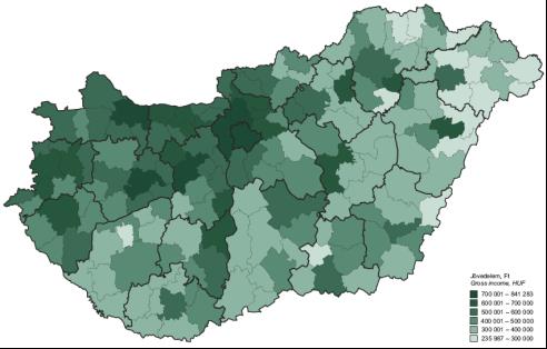 Kartogram Egy állandó lakosra jutó SZJA alapot képező jövedelem