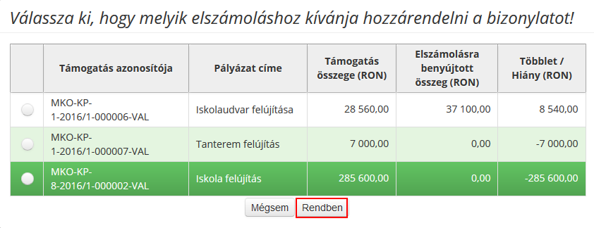 Másolni a másolás ikonra kattintást követően, míg törölni a törlés ikonra kattintással van lehetőség. A bizonylatot hozzárendelni az elszámoláshoz a hozzárendel ikonra kattintással lehet.