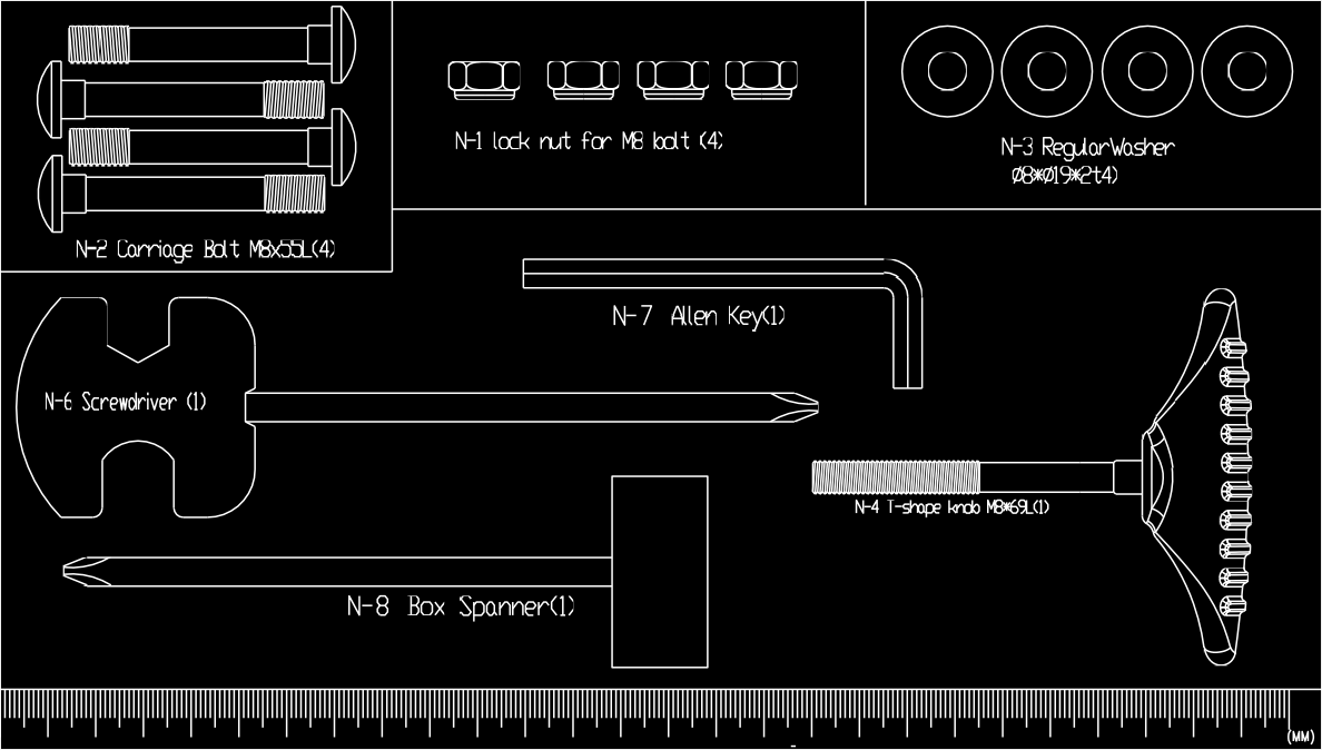 SZERSZÁMOK N-2 imbusz csavar M8x55L 4ks N-1 önzáró anya M8 4db N-3 alátét Ø8xØ19x2t 4ks N-6 multikulcs + 1 db