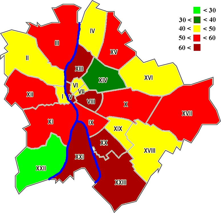 8. ábra. Öngyilkossági jellegüknél fogva szemleköteles bűnügyi orvossal szemlézett, rendkívüli halálozások Budapesten, 2009 01.01. és 2011 12. 31. között. A halálozások kerületi megoszlása 100.