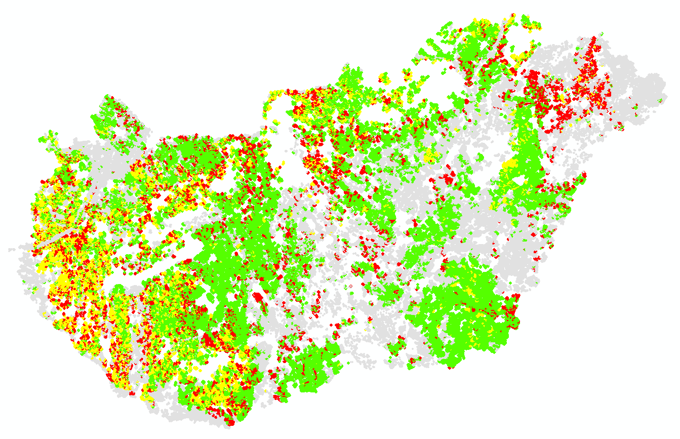 41. ábra, A humusztartalom különböző szintjein kalkulált faktorértékek térbeli megjelenítése az AIIR adatbázis alapján, kukorica jelzőnövény szempontjából (Adatbázis forrás: KOCSIS et al, 2014) A