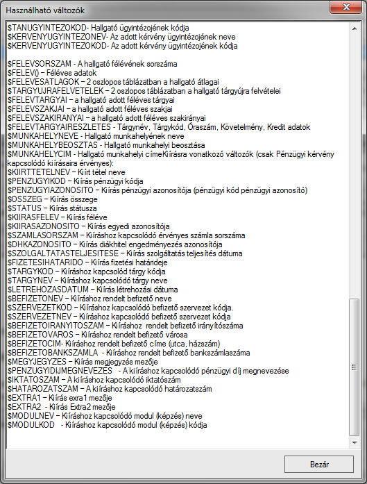 Pénzügyi kérvényekhez használható adatváltozók