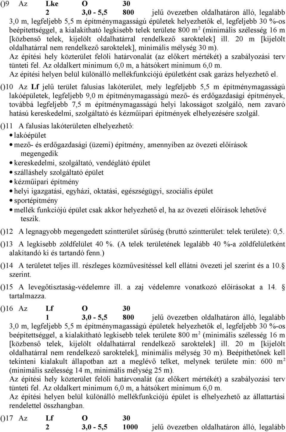 20 m [kijelölt oldalhatárral nem rendelkező saroktelek], minimális mélység 30 m). Az építési hely közterület felöli határvonalát (az előkert mértékét) a szabályozási terv tünteti fel.