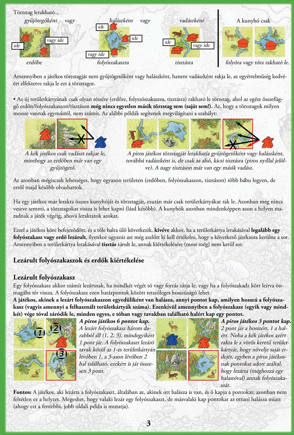 Az új területkártyának csak olyan részére (erdőre, folyszószakaszra, tisztásra) rakható le törzstag, ahol az egész összefüggő erdőn/folyószakaszon/tisztáson még nincs egyetlen másik törzstag sem