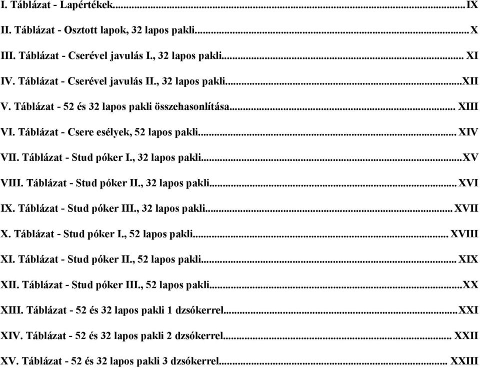 , 32 lapos pakli... XVI IX. Táblázat - Stud póker III., 32 lapos pakli... XVII X. Táblázat - Stud póker I., 52 lapos pakli... XVIII XI. Táblázat - Stud póker II., 52 lapos pakli... XIX XII.