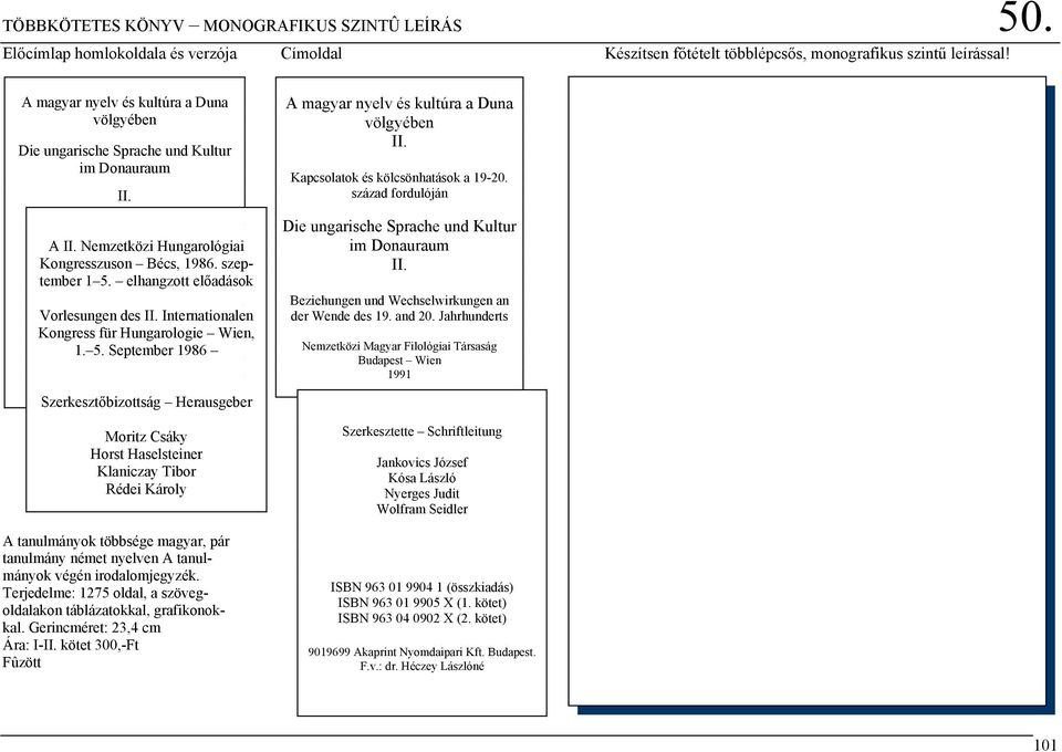 elhangzott előadások Vorlesungen des II. Internationalen Kongress für Hungarologie Wien, 1. 5. September 1986 A magyar nyelv és kultúra a Duna völgyében II. Kapcsolatok és kölcsönhatások a 19-20.