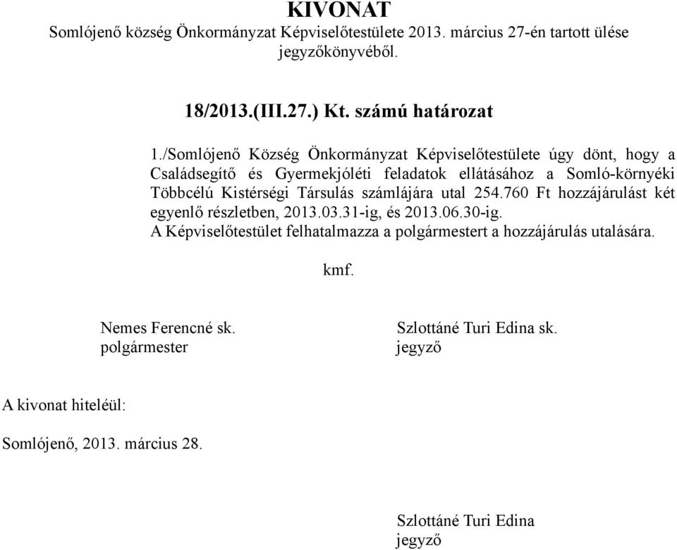 Somló-környéki Többcélú Kistérségi Társulás számlájára utal 254.760 Ft hozzájárulást két egyenlő részletben, 2013.03.31-ig, és 2013.06.