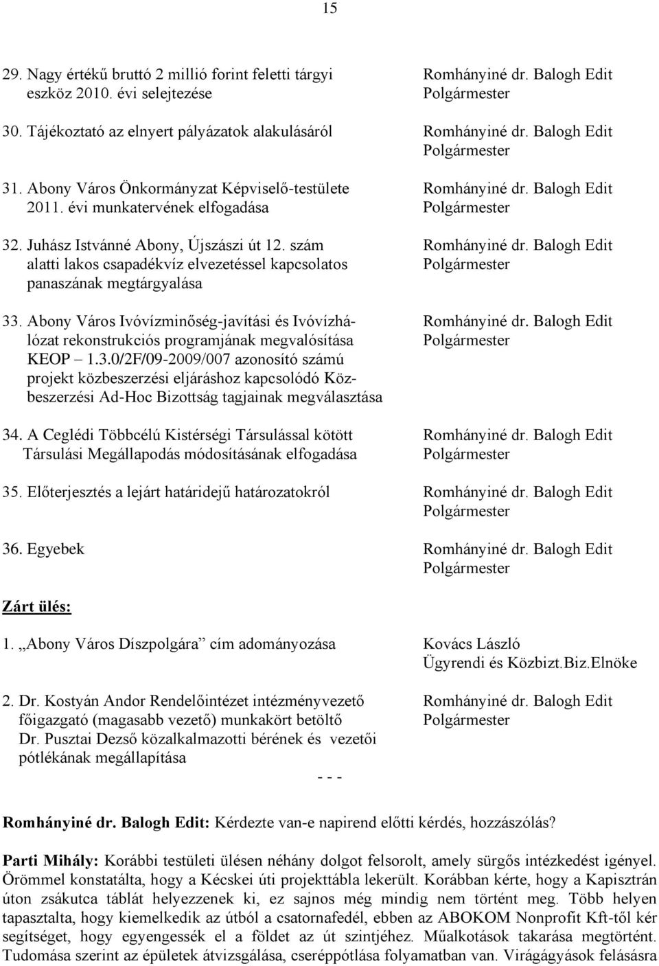 szám Romhányiné dr. Balogh Edit alatti lakos csapadékvíz elvezetéssel kapcsolatos Polgármester panaszának megtárgyalása 33. Abony Város Ivóvízminőség-javítási és Ivóvízhá- Romhányiné dr.