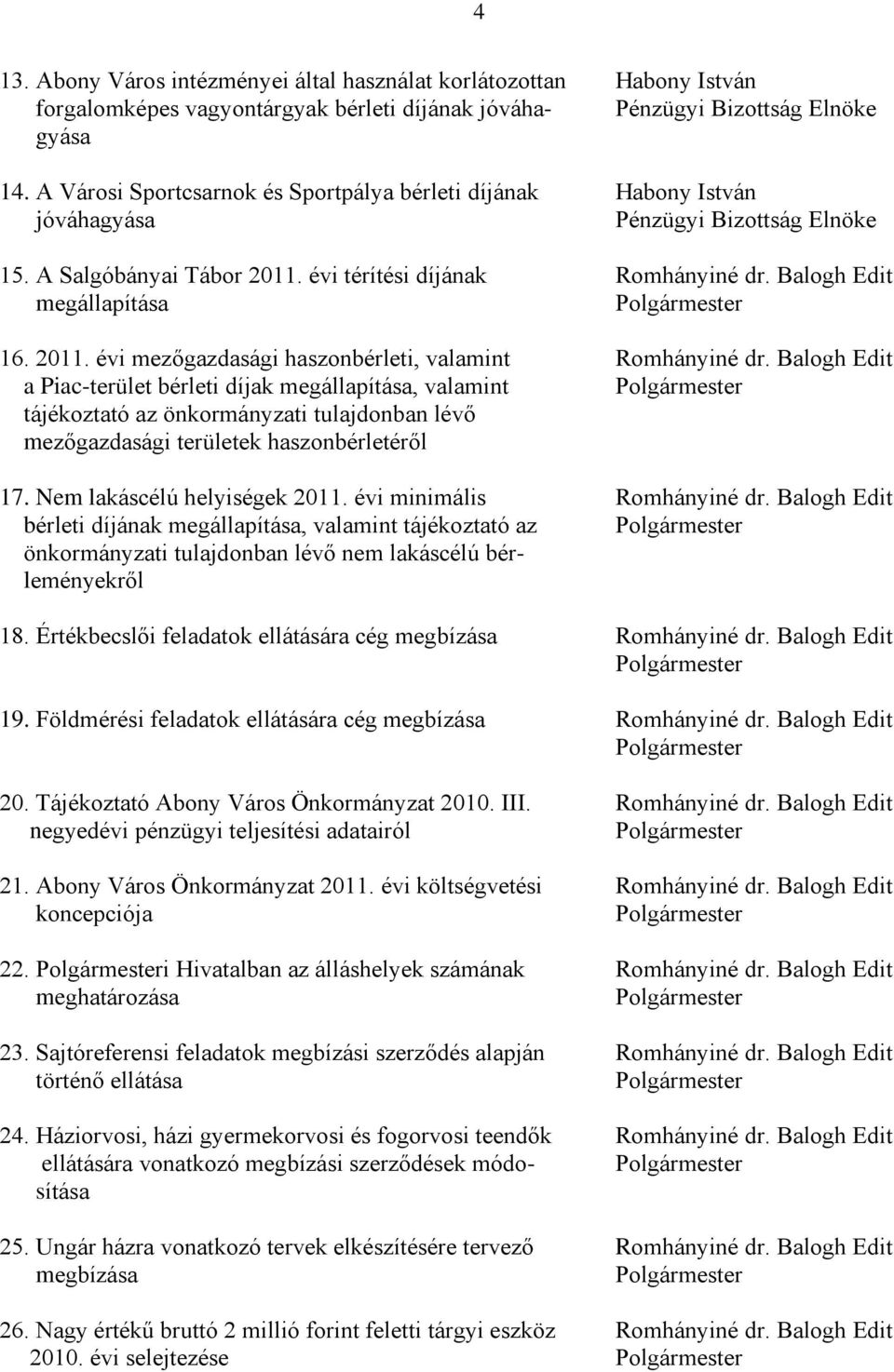 Balogh Edit megállapítása Polgármester 16. 2011. évi mezőgazdasági haszonbérleti, valamint Romhányiné dr.