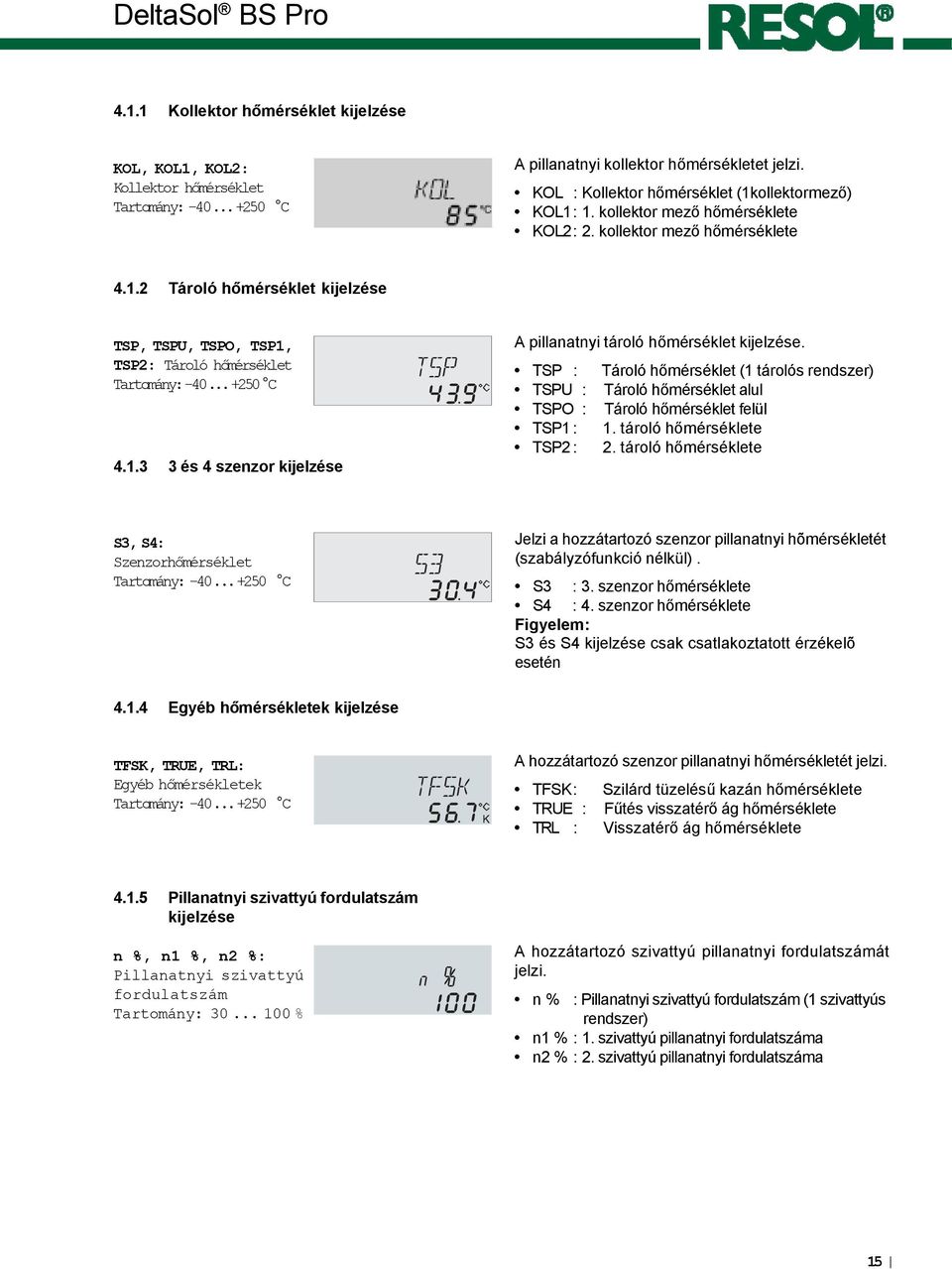 TSP : Tároló hőmérséklet (1 tárolós rendszer) TSPU : Tároló hőmérséklet alul TSPO : Tároló hőmérséklet felül TSP1 : 1. tároló hőmérséklete TSP2 : 2.