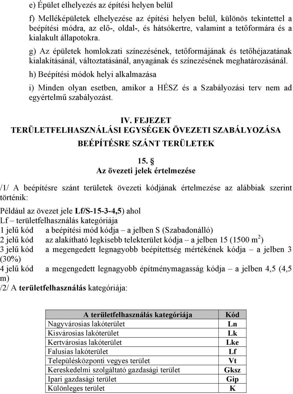 h) Beépítési módok helyi alkalmazása i) Minden olyan esetben, amikor a HÉSZ és a Szabályozási terv nem ad egyértelmű szabályozást. IV.