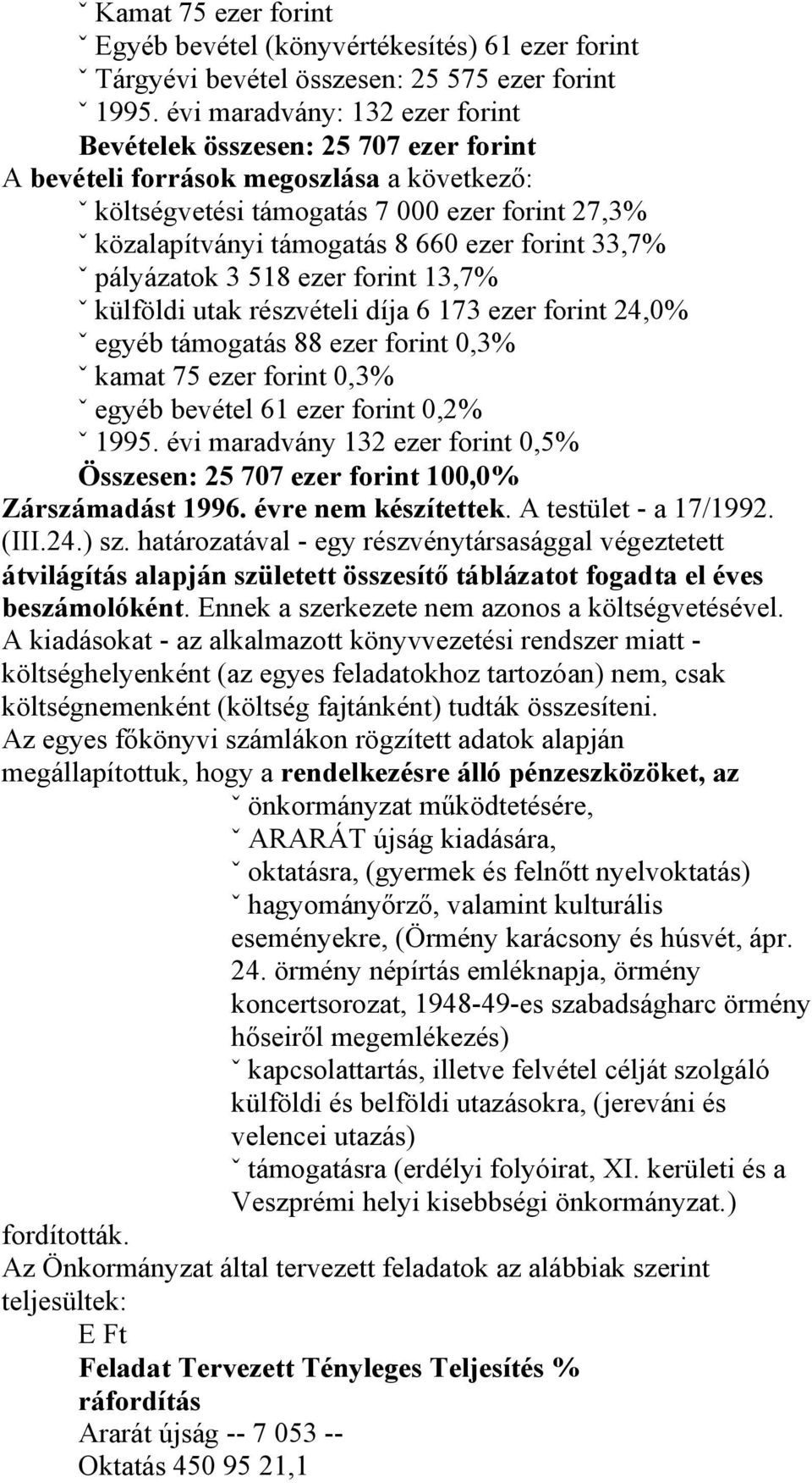 ezer forint 33,7% ˇ pályázatok 3 518 ezer forint 13,7% ˇ külföldi utak részvételi díja 6 173 ezer forint 24,0% ˇ egyéb támogatás 88 ezer forint 0,3% ˇ kamat 75 ezer forint 0,3% ˇ egyéb bevétel 61