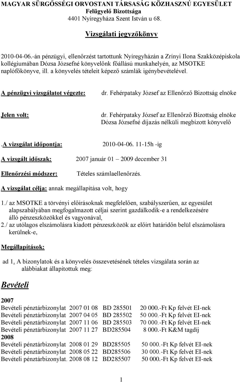 a könyvelés tételeit képező számlák igénybevételével. A pénzügyi vizsgálatot végezte: dr. Fehérpataky József az Ellenőrző Bizottság elnöke Jelen volt: dr.