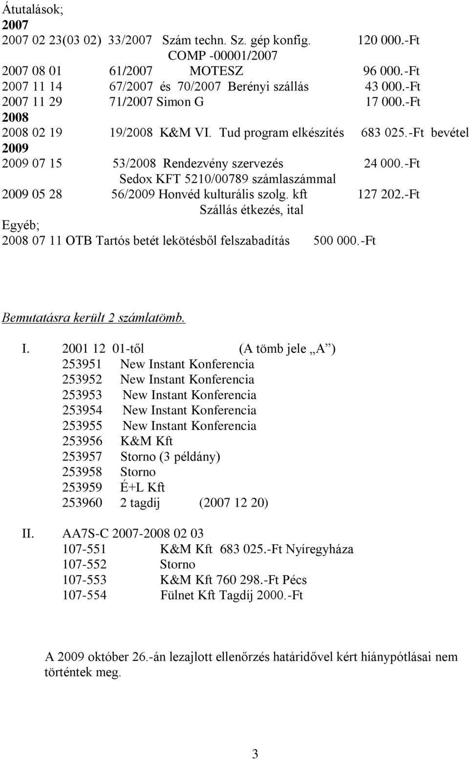 -Ft Sedox KFT 5210/00789 számlaszámmal 2009 05 28 56/2009 Honvéd kulturális szolg. kft 127 202.-Ft Szállás étkezés, ital Egyéb; 2008 07 11 OTB Tartós betét lekötésből felszabadítás 500 000.