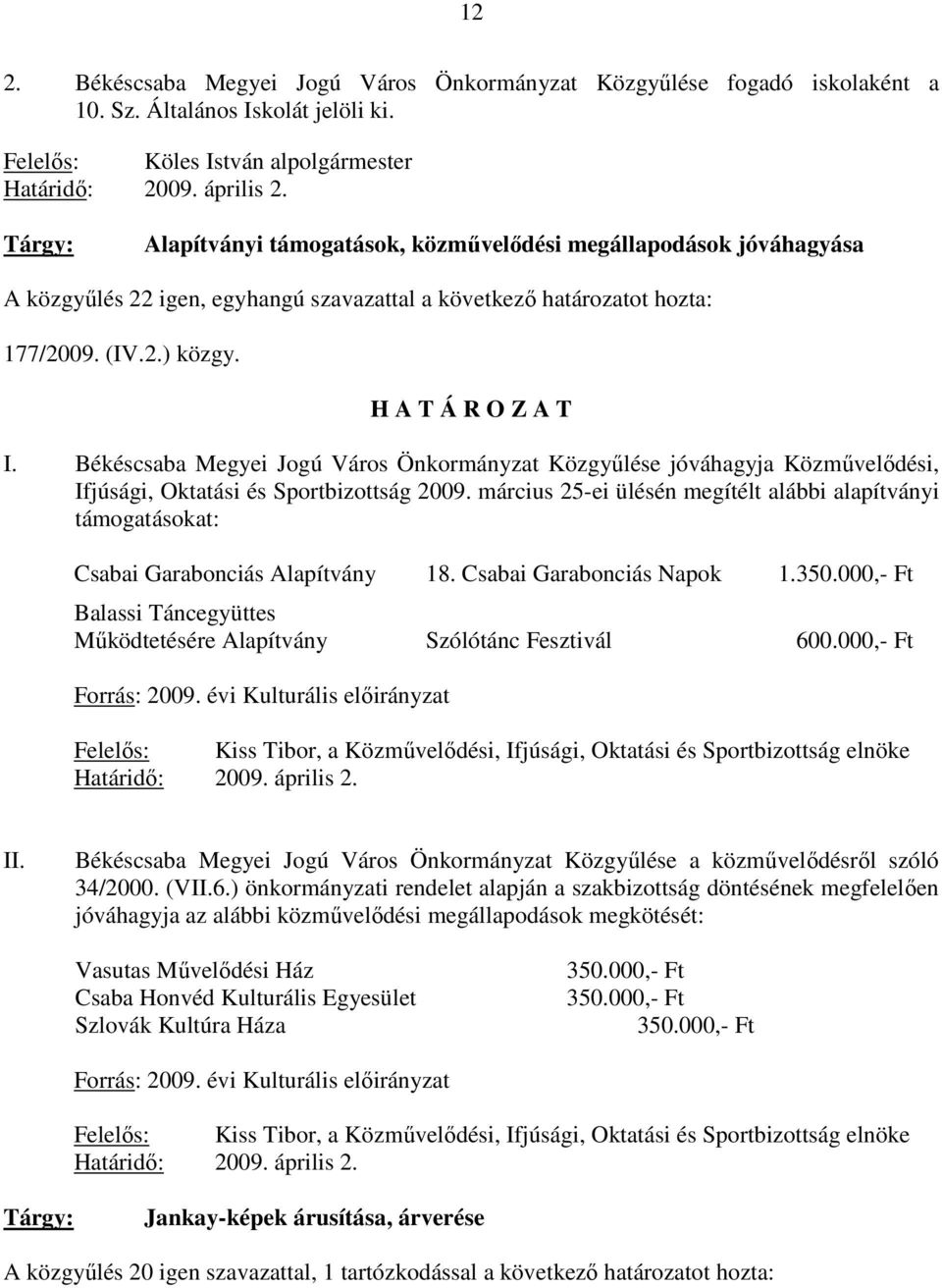 Békéscsaba Megyei Jogú Város Önkormányzat Közgyőlése jóváhagyja Közmővelıdési, Ifjúsági, Oktatási és Sportbizottság 2009.