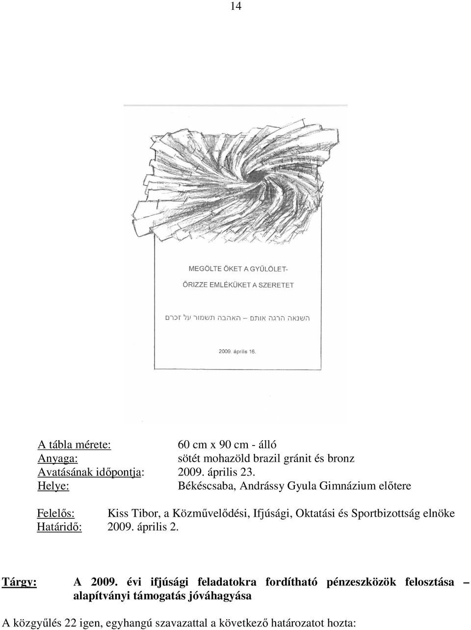 Helye: Békéscsaba, Andrássy Gyula Gimnázium elıtere Felelıs: Kiss Tibor, a Közmővelıdési, Ifjúsági, Oktatási és