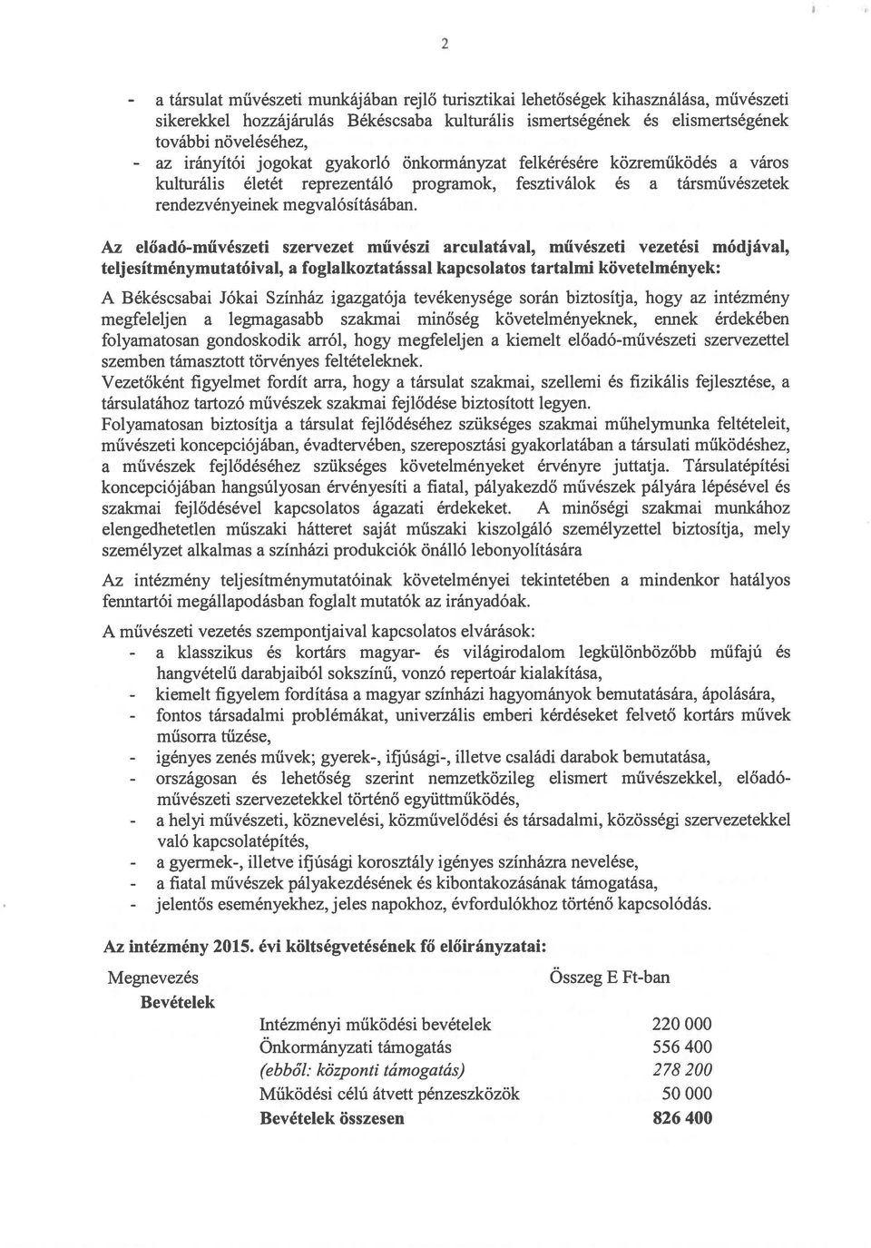 Az előadó-művészeti szervezet művészi arculatával, művészeti vezetési módjával, teljesítménymutatóival, a foglalkoztatással kapcsolatos tartalmi követelmények: A Békéscsabai Jókai Színház igazgatója