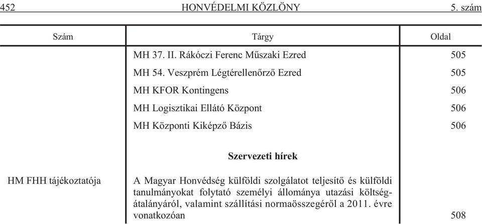 Bázis 506 Szervezeti hírek HM FHH tájékoztatója A Magyar Honvédség külföldi szolgálatot teljesítõ és külföldi