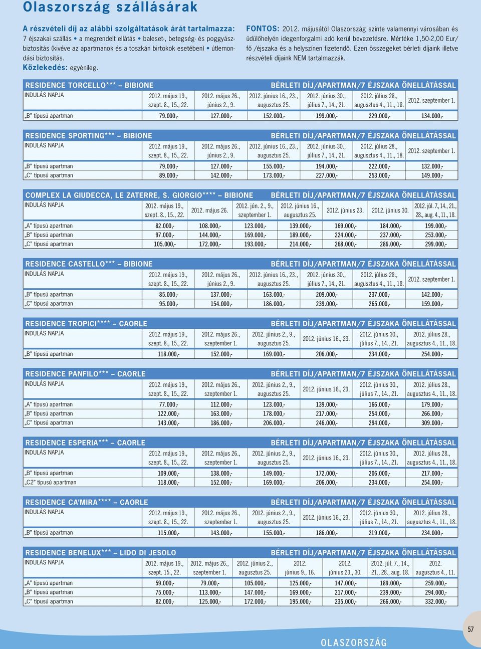 Mértéke 1,50-2,00 Eur/ fô /éjszaka és a helyszínen fizetendô. Ezen összegeket bérleti díjaink illetve részvételi díjaink NEM tartalmazzák. RESIDENCE TORCELLO BIBIONE június 2., 9. 2012. június 16.