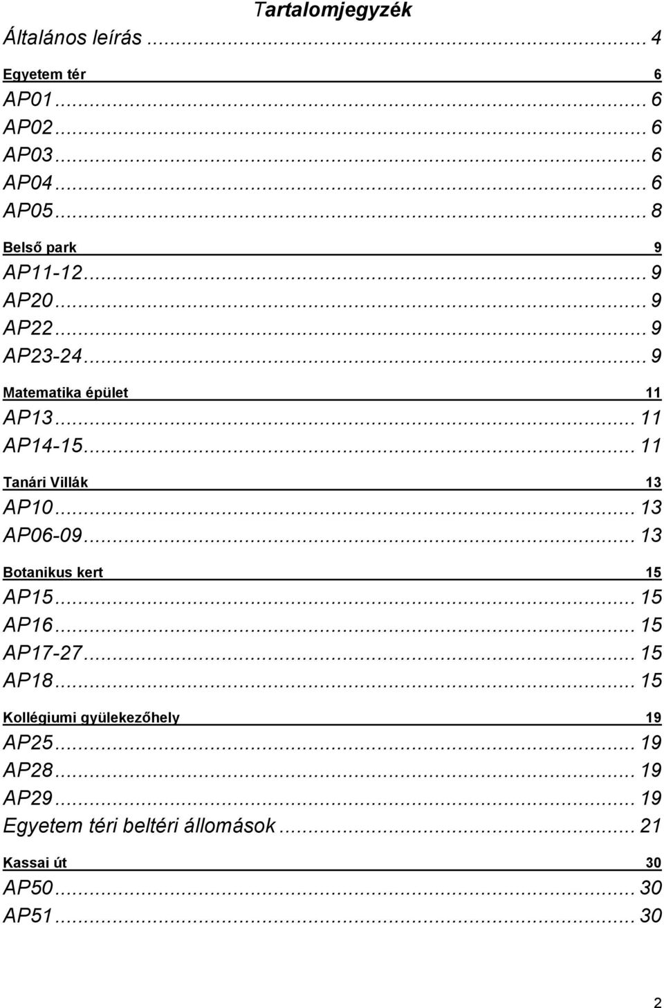.. 11 Tanári Villák 13 AP10... 13 AP06-09... 13 Botanikus kert 15 AP15... 15 AP16... 15 AP17-27... 15 AP18.