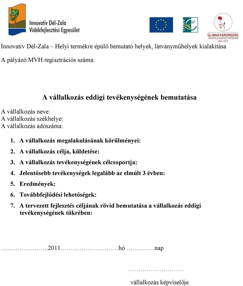 A vállalkozás tevékenységének célcsoportja: 4. Jelentősebb tevékenységek legalább az elmúlt 3 évben: 5. Eredmények: 6.