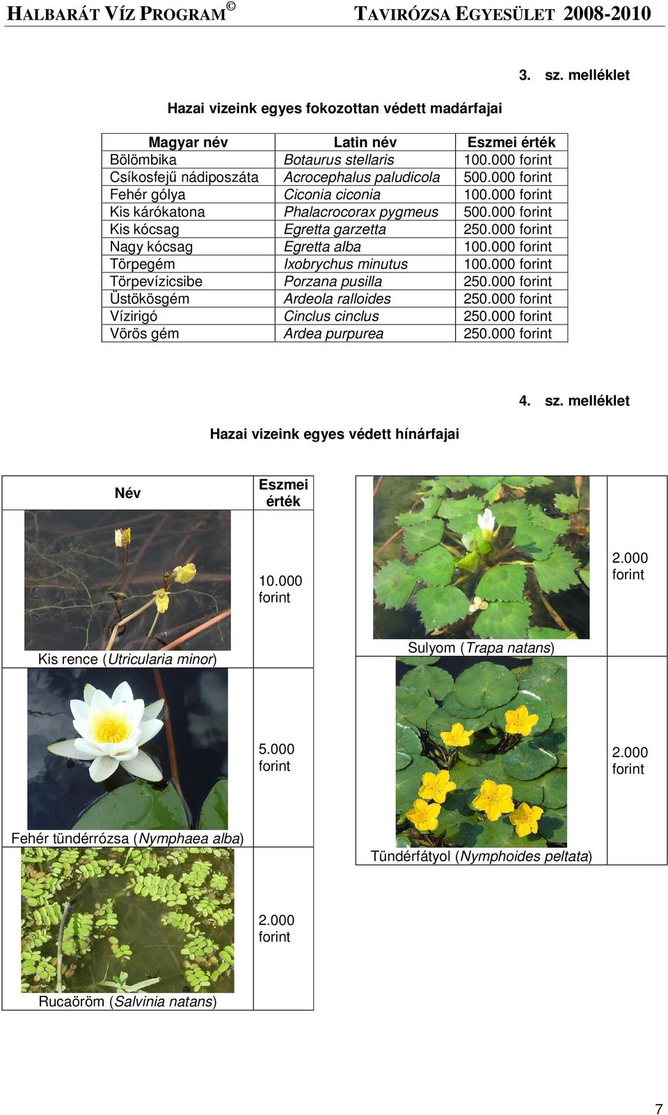 000 Törpevízicsibe Porzana pusilla 250.000 Üstökösgém Ardeola ralloides 250.000 Vízirigó Cinclus cinclus 250.000 Vörös gém Ardea purpurea 250.000 3. sz.