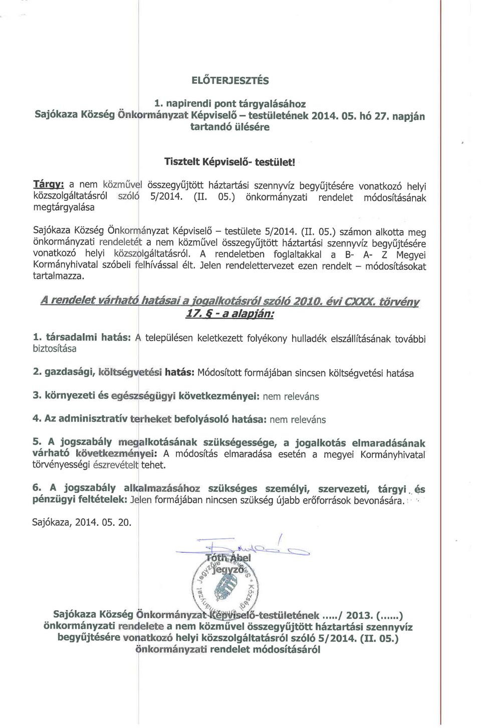 osszegyfijtott hdzta rtdsi szen nyv iz begy fijtes6re vonatkoz6 helyi 512014. (II. 05,) onkormdnyzati rendelet m6dositdsdnak nyzat K6pviselS - testrilete 5l2OI4. (IL 05.