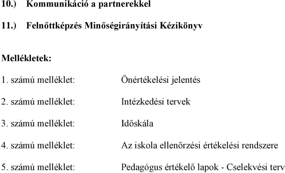 számú melléklet: Önértékelési jelentés 2. számú melléklet: Intézkedési tervek 3.