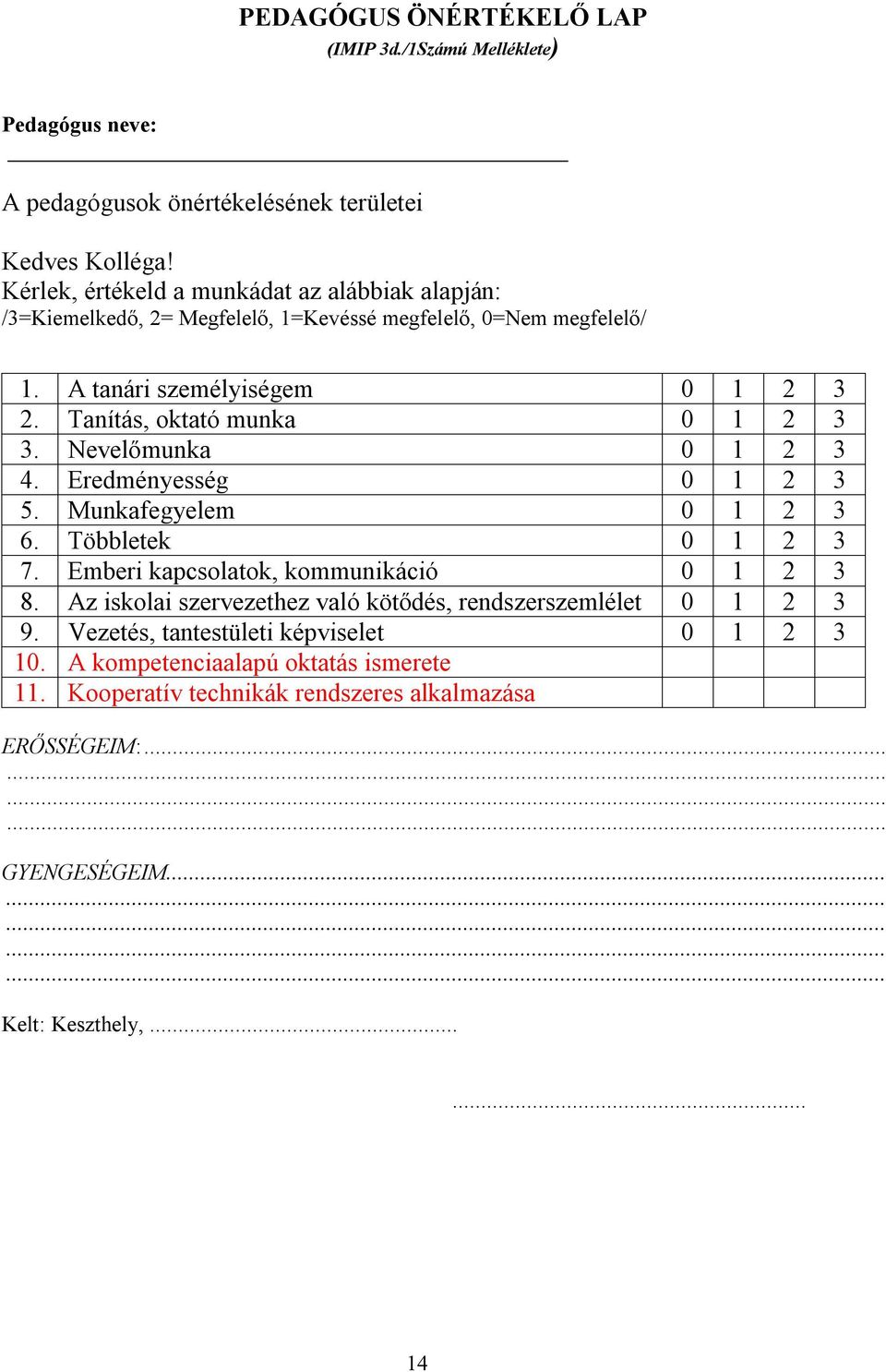 Tanítás, oktató munka 0 1 2 3 3. Nevelőmunka 0 1 2 3 4. Eredményesség 0 1 2 3 5. Munkafegyelem 0 1 2 3 6. Többletek 0 1 2 3 7. Emberi kapcsolatok, kommunikáció 0 1 2 3 8.