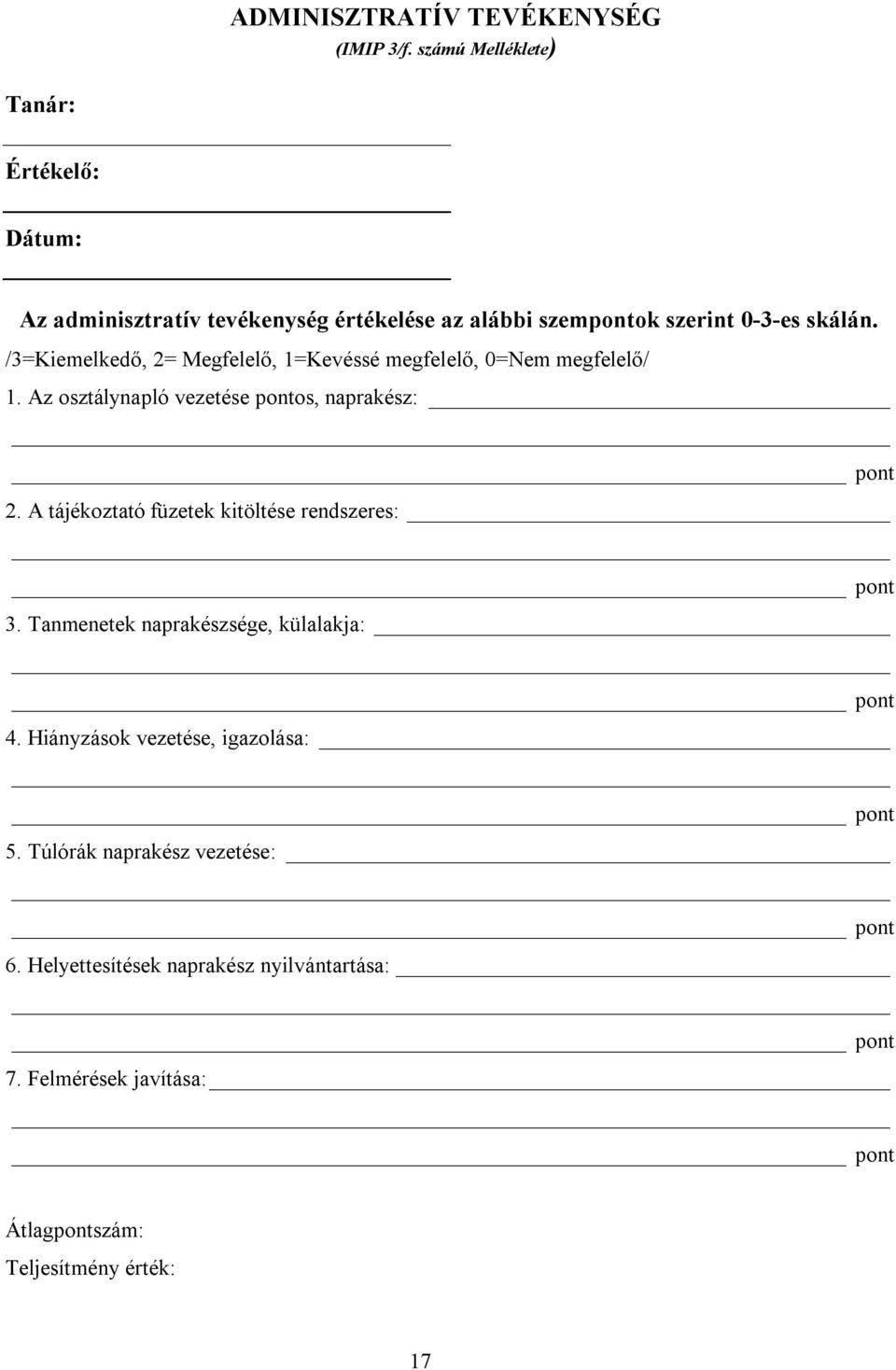 /3=Kiemelkedő, 2= Megfelelő, 1=Kevéssé megfelelő, 0=Nem megfelelő/ 1. Az osztálynapló vezetése pontos, naprakész: pont 2.