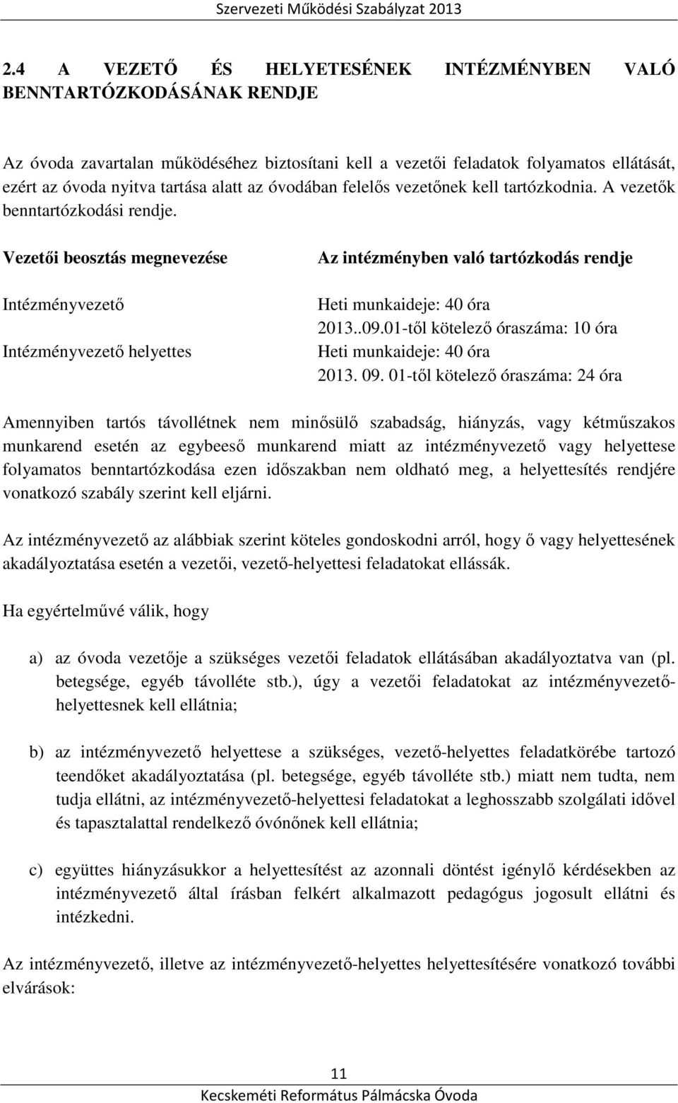 Vezetői beosztás megnevezése Intézményvezető Intézményvezető helyettes Az intézményben való tartózkodás rendje Heti munkaideje: 40 óra 2013..09.