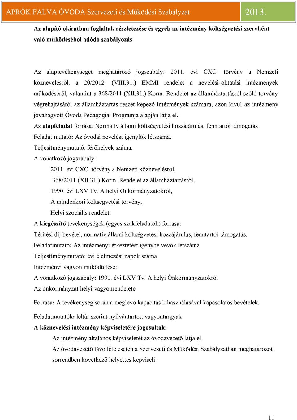 Rendelet az államháztartásról szóló törvény végrehajtásáról az államháztartás részét képező intézmények számára, azon kívül az intézmény jóváhagyott Óvoda Pedagógiai Programja alapján látja el.