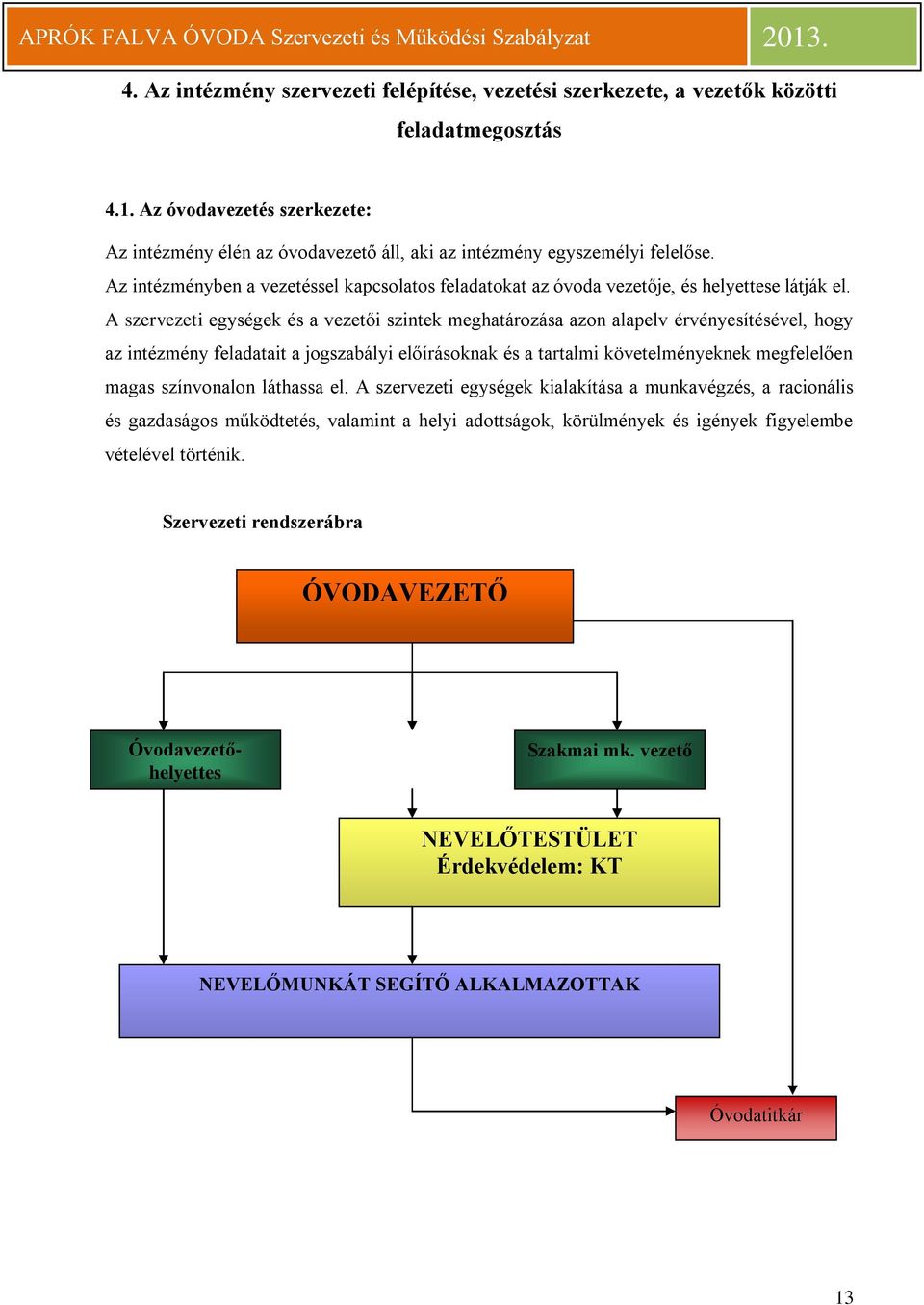 Az intézményben a vezetéssel kapcsolatos feladatokat az óvoda vezetője, és helyettese látják el.