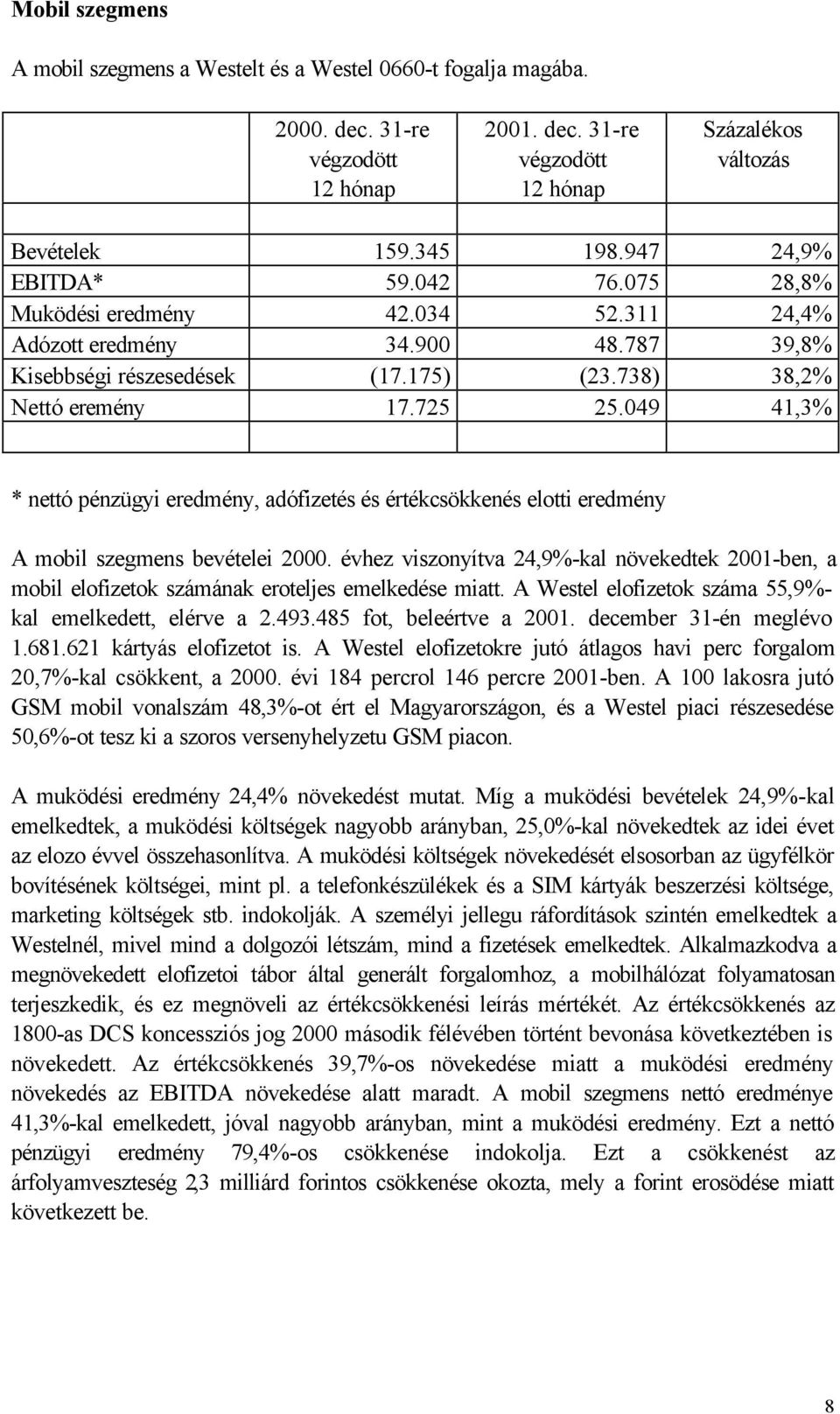 049 41,3% * nettó pénzügyi eredmény, adófizetés és értékcsökkenés elotti eredmény A mobil szegmens bevételei 2000.