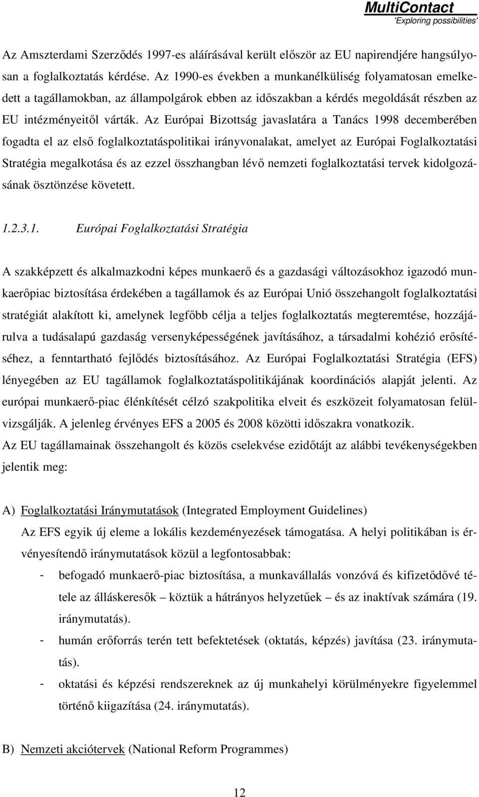 Az Európai Bizottság javaslatára a Tanács 1998 decemberében fogadta el az elsı foglalkoztatáspolitikai irányvonalakat, amelyet az Európai Foglalkoztatási Stratégia megalkotása és az ezzel összhangban