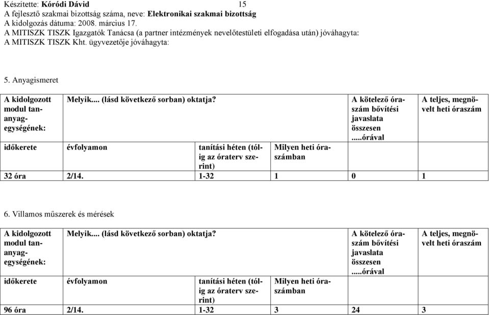 1-32 1 0 1 A teljes, megnövelt heti óraszám 6. Villamos műszerek és mérések A kidolgozott modul tananyagegységének: Melyik... (lásd következő sorban) oktatja?