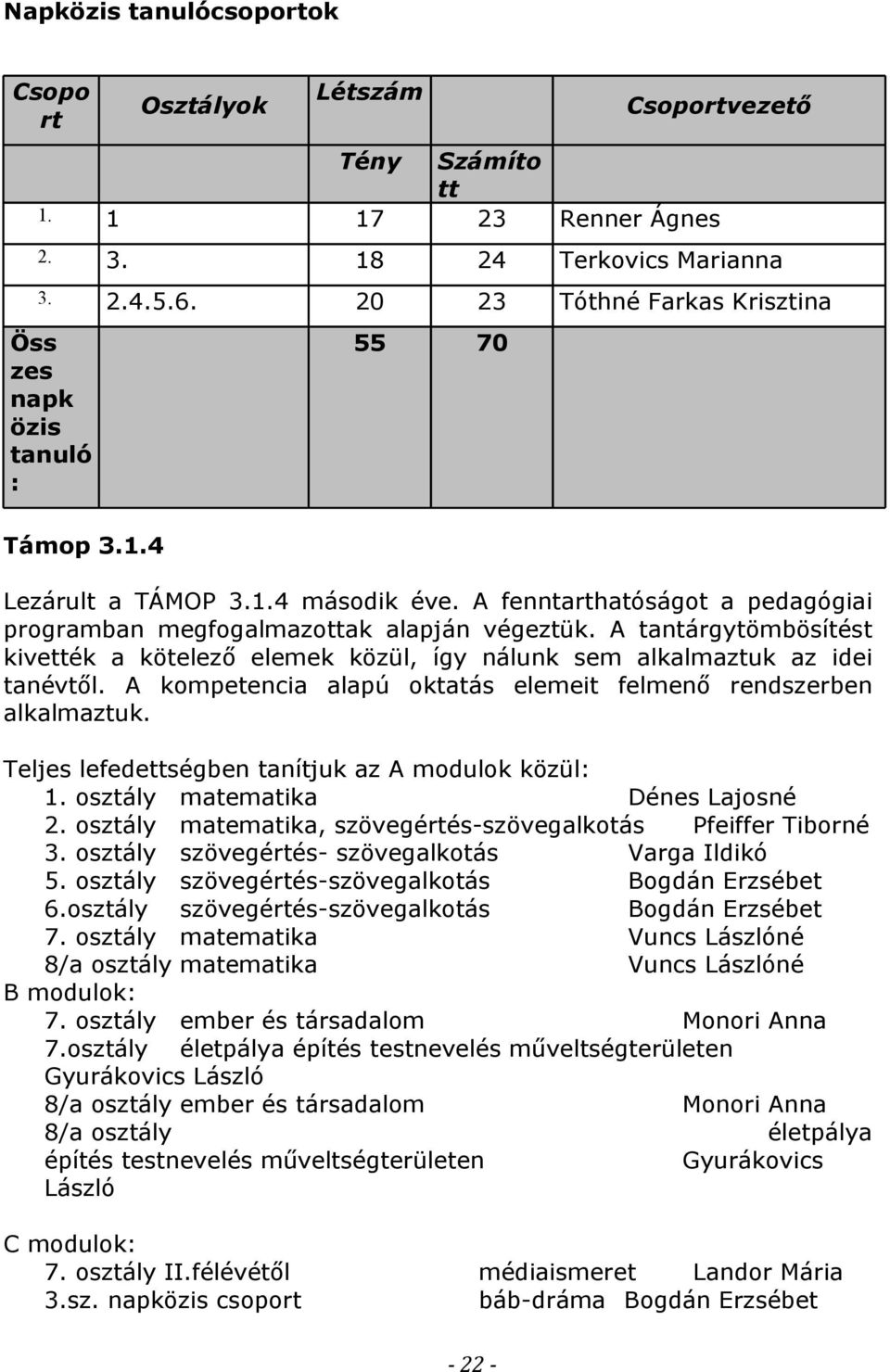 A tantárgytömbösítést kivették a kötelező elemek közül, így nálunk sem alkalmaztuk az idei tanévtől. A kompetencia alapú oktatás elemeit felmenő rendszerben alkalmaztuk.