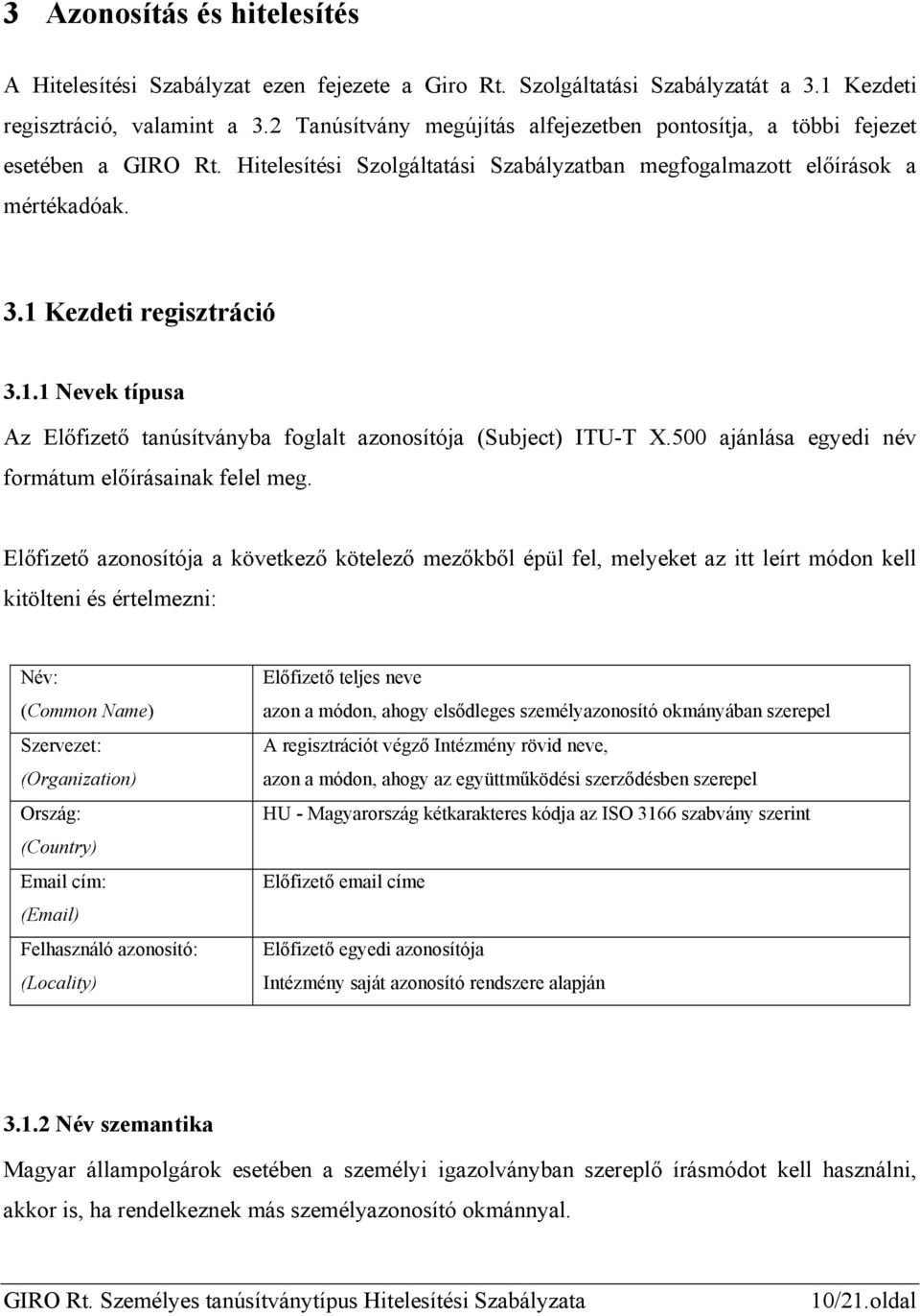 Kezdeti regisztráció 3.1.1 Nevek típusa Az Előfizető tanúsítványba foglalt azonosítója (Subject) ITU-T X.500 ajánlása egyedi név formátum előírásainak felel meg.