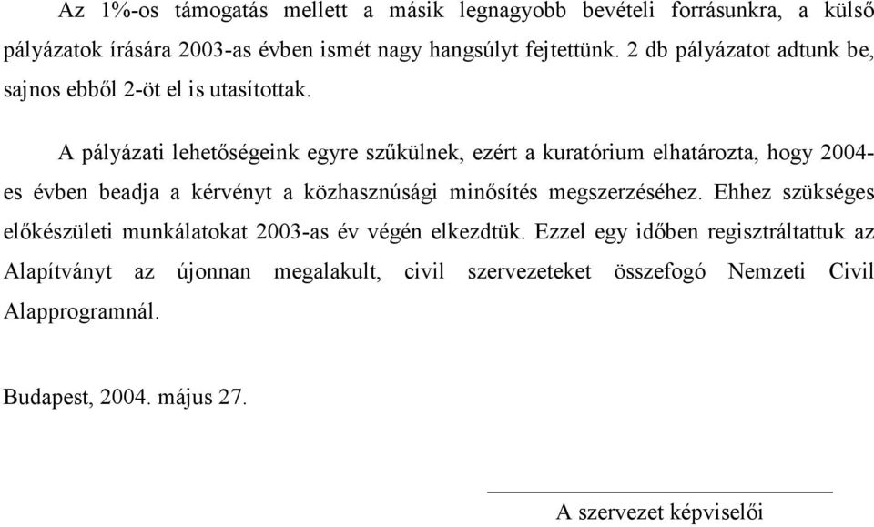 A pályázati lehetőségeink egyre szűkülnek, ezért a kuratórium elhatározta, hogy 2004- es évben beadja a kérvényt a közhasznúsági minősítés