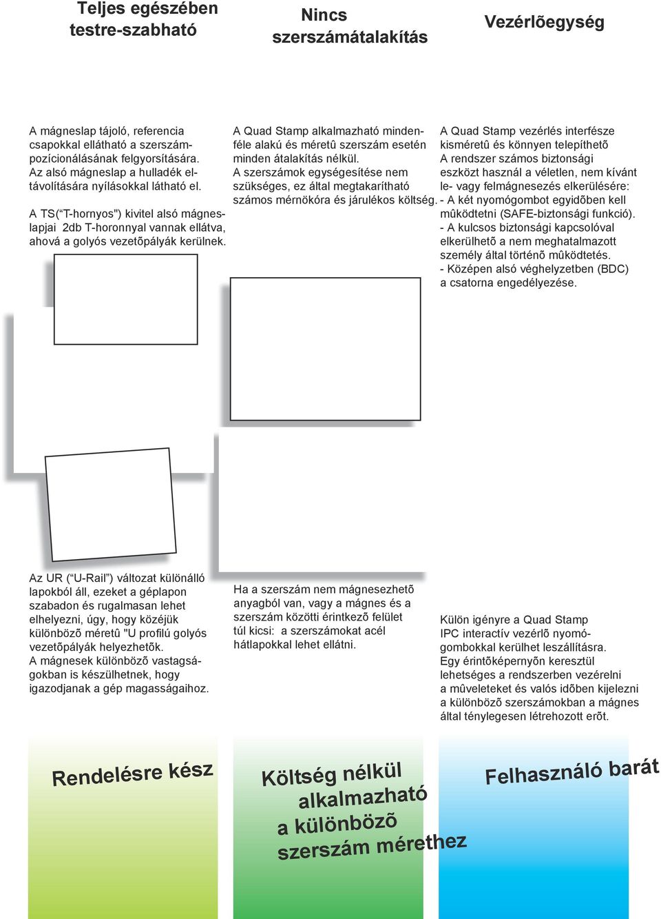 A Quad Stamp alkalmazható mindenféle alakú és méretû szerszám esetén minden átalakítás nélkül. A szerszámok egységesítése nem szükséges, ez által megtakarítható számos mérnökóra és járulékos költség.